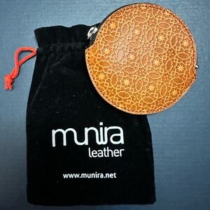 NWOT. Munira 100% Leather Round Embossed Coin Purse - Tan, Handcrafted in Spain